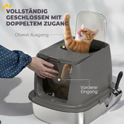 Stainless Steel Covered Cat Litter Box, Scoop, Dark Gray
