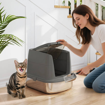 Stainless Steel Covered Cat Litter Box, Scoop, Dark Gray