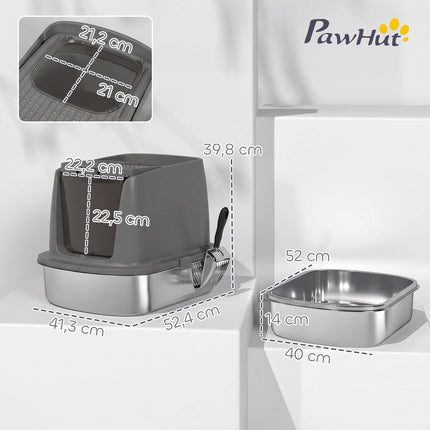 Stainless Steel Covered Cat Litter Box, Scoop, Dark Gray