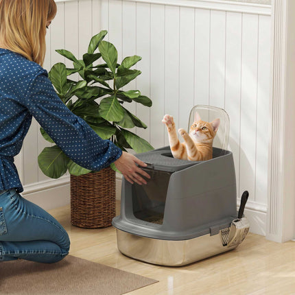 Stainless Steel Covered Cat Litter Box, Scoop, Dark Gray