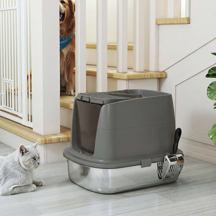 Stainless Steel Covered Cat Litter Box, Scoop, Dark Gray