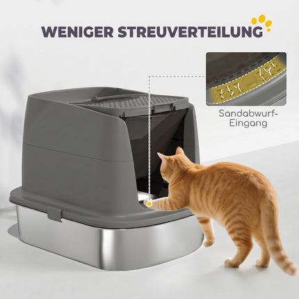 Stainless Steel Covered Cat Litter Box, Scoop, Dark Gray