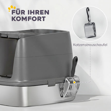 Stainless Steel Covered Cat Litter Box, Scoop, Dark Gray