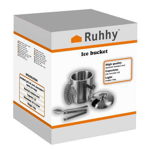 Stainless Steel Ice Bucket Set with Tongs and Spoon, 1.3L