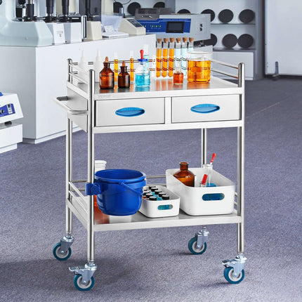 Stainless Steel Lab Cart, 2-Tier, 2 Drawers, Locking Wheels