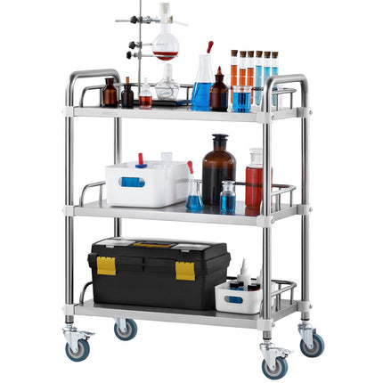 Stainless Steel Lab Rolling Cart, 3-Shelf, Locking Casters