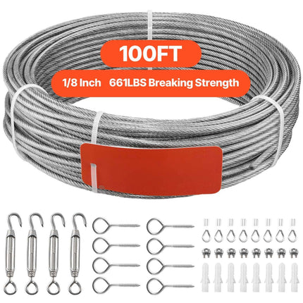 Stainless Steel Wire Rope Kit, 1/8 in x 100 ft, 7x7