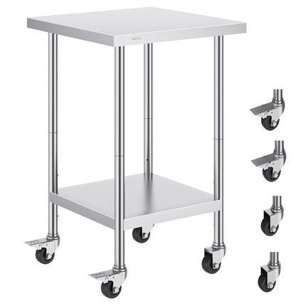 Stainless Steel Work Table 24 x 24 x 38 in, Wheels, Adjustable Shelf
