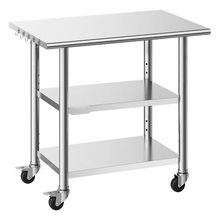 Stainless Steel Work Table, 36x24 in, 2 Shelves, Wheels