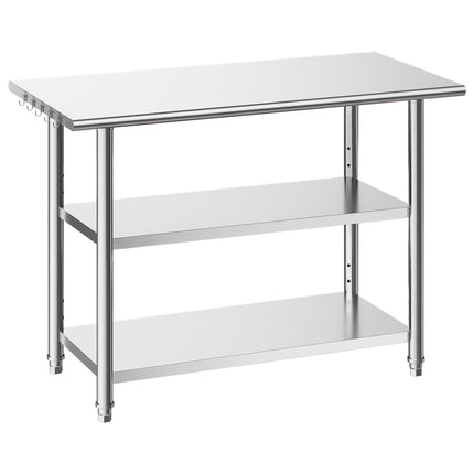 Stainless Steel Work Table 48x24 in, 2 Shelves, Hooks