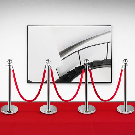 Stanchion Queue Barrier Posts, 4-Pack With 2 Red Velvet Ropes