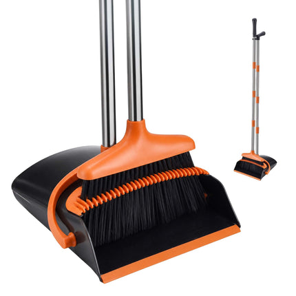 Standing Broom & Dustpan Set, Adjustable Handle, Black/Orange
