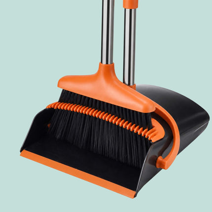 Standing Broom & Dustpan Set, Adjustable Handle, Black/Orange