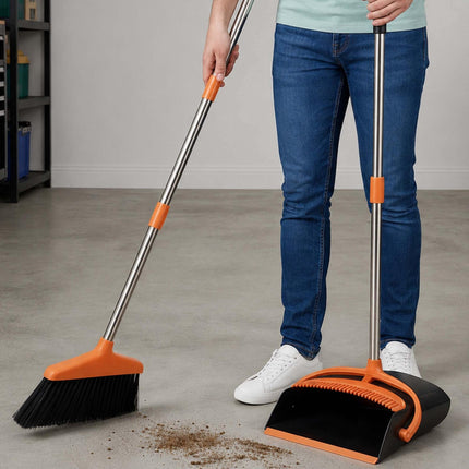 Standing Broom & Dustpan Set, Adjustable Handle, Black/Orange