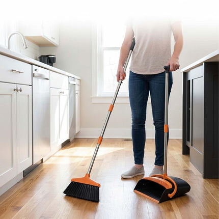 Standing Broom & Dustpan Set, Adjustable Handle, Black/Orange