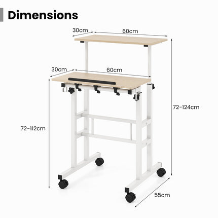 Standing Desk on Wheels, Height Adjustable, Tilt Tray