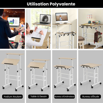 Standing Desk on Wheels, Height Adjustable, Tilt Tray