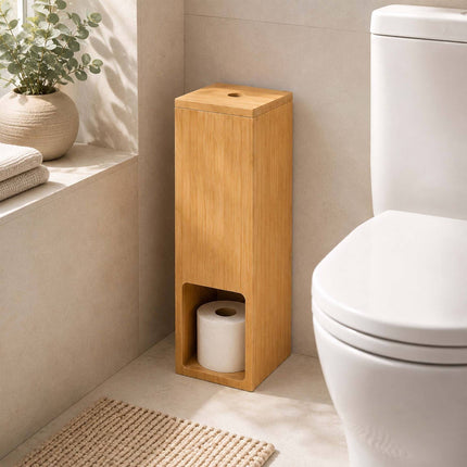 Standing Toilet Roll Holder for 4 Rolls, Wall-Mountable, Natural Bamboo