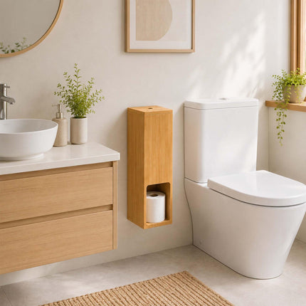 Standing Toilet Roll Holder for 4 Rolls, Wall-Mountable, Natural Bamboo