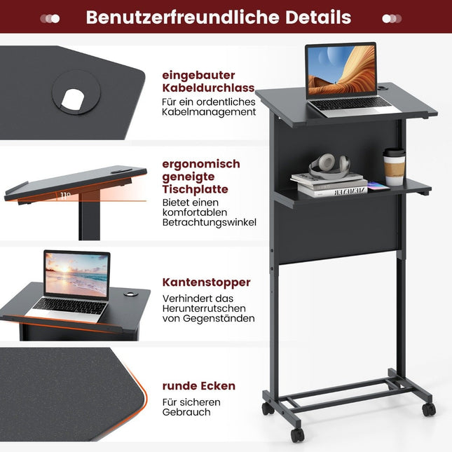 Stehpult höhenverstellbar Steh-Sitz Schreibtisch mit Rollen mobiles Stehpult schwarz