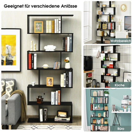 Standregal 6 Ebenen S-Form Bücherregal Lagerregal Holz Farbwahl Schwarz