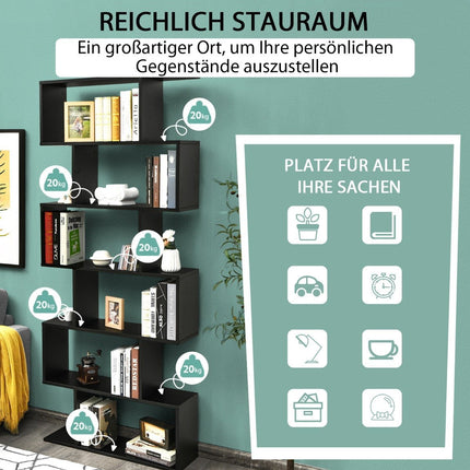 Standregal 6 Ebenen S-Form Bücherregal Lagerregal Holz Farbwahl Schwarz