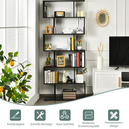 Standregal 6 Ebenen S-Form Bücherregal Lagerregal Holz Farbwahl Schwarz
