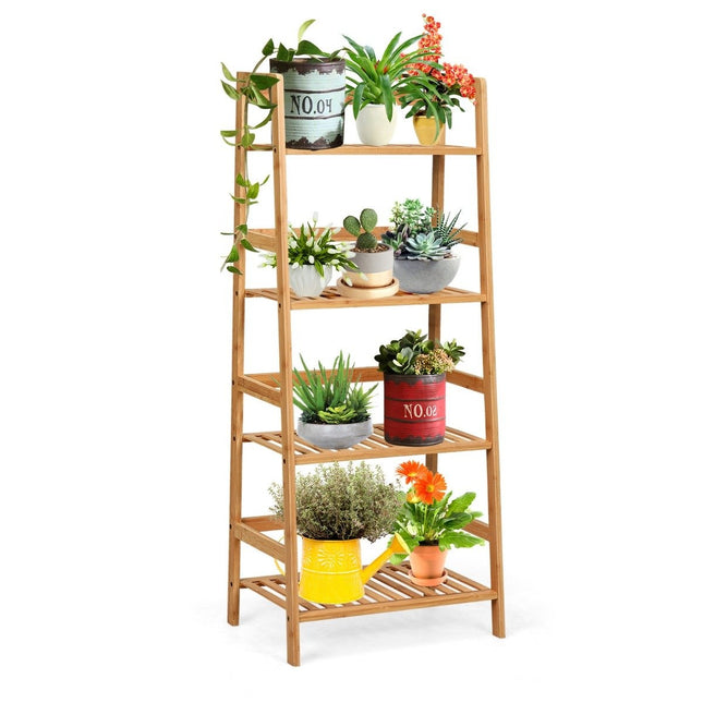 Standregal mit 4 Ebenen Leiterregal aus Bambus Bücherregal Pflanzenregal Balkonregal 48 x 32 x 115 cm Natur