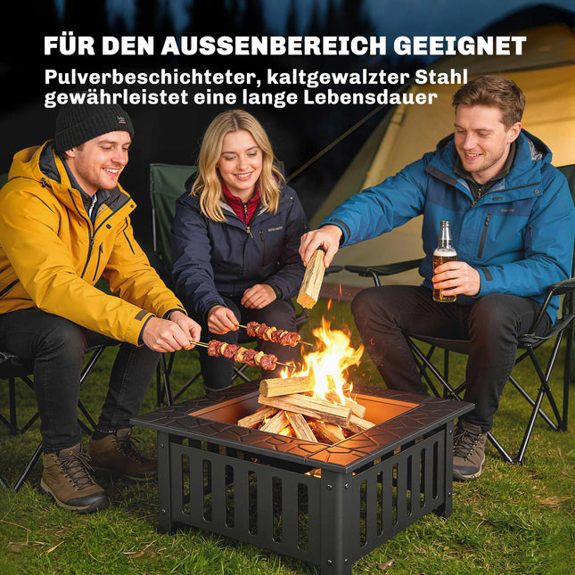 Feuerstelle aus Stahl mit Funkenschutz und Schürhaken für Grillpartys im Freien