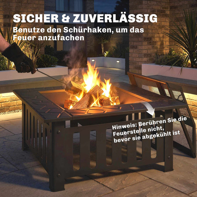 Feuerstelle aus Stahl mit Funkenschutz und Schürhaken für Grillpartys im Freien