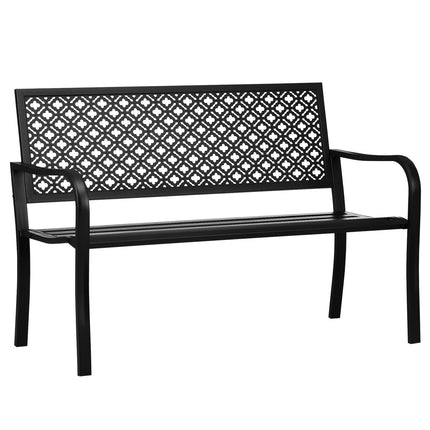 Banc de jardin en acier, banc de parc 2 places avec dossier et accoudoirs, banc à motif floral, charge max. 240 kg, noir, 127 x 63 x 83 cm