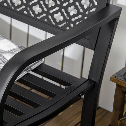 Banc de jardin en acier, banc de parc 2 places avec dossier et accoudoirs, banc à motif floral, charge max. 240 kg, noir, 127 x 63 x 83 cm