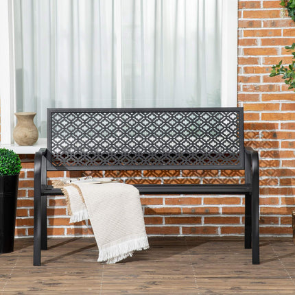 Banc de jardin en acier, banc de parc 2 places avec dossier et accoudoirs, banc à motif floral, charge max. 240 kg, noir, 127 x 63 x 83 cm