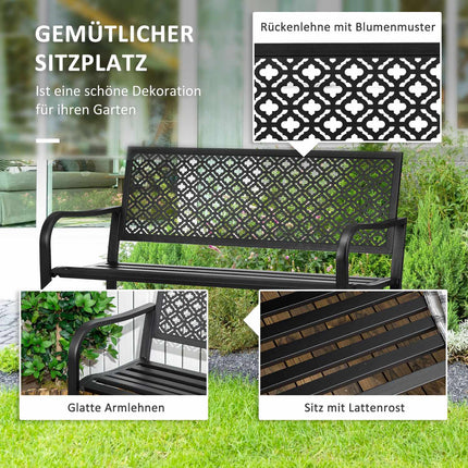 Banc de jardin en acier, banc de parc 2 places avec dossier et accoudoirs, banc à motif floral, charge max. 240 kg, noir, 127 x 63 x 83 cm