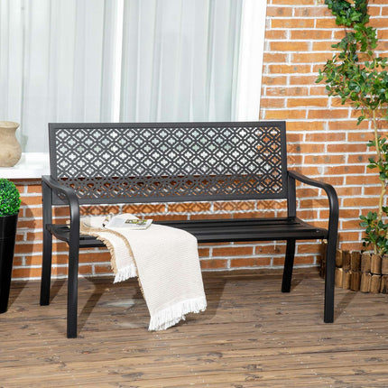 Banc de jardin en acier, banc de parc 2 places avec dossier et accoudoirs, banc à motif floral, charge max. 240 kg, noir, 127 x 63 x 83 cm