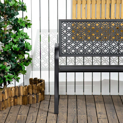 Banc de jardin en acier, banc de parc 2 places avec dossier et accoudoirs, banc à motif floral, charge max. 240 kg, noir, 127 x 63 x 83 cm