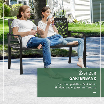 Banc de jardin en acier, banc de parc 2 places avec dossier et accoudoirs, banc à motif floral, charge max. 240 kg, noir, 127 x 63 x 83 cm