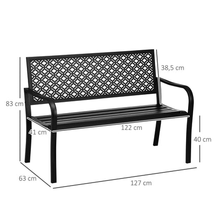 Banc de jardin en acier, banc de parc 2 places avec dossier et accoudoirs, banc à motif floral, charge max. 240 kg, noir, 127 x 63 x 83 cm