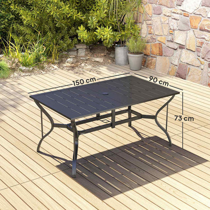 stalen tuintafel 150x90 cm weerbestendige balkontafel met parasolgat, lattenontwerp buffettafel campingtafel voor 6 personen terrastafel buiteneettafel voor tuin, terras balkon zwart | Aosoom