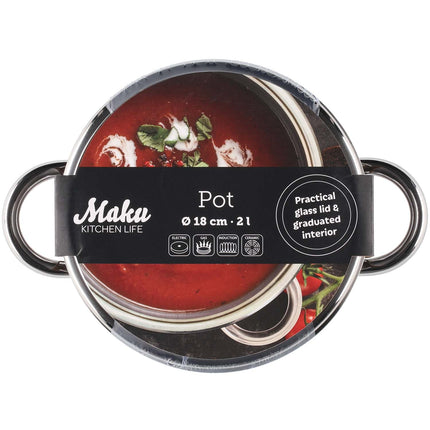 Steel Saucepan with Glass Lid, 2L Capacity