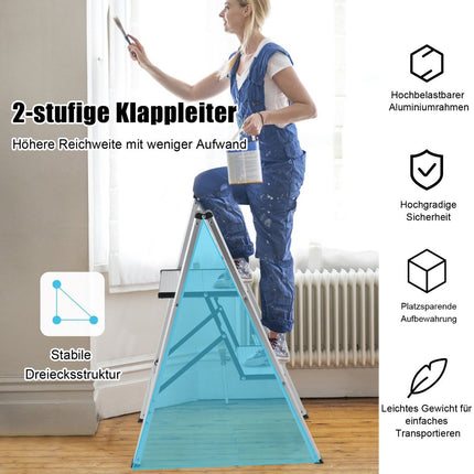 Stehleiter 2 Stufen Aluminium Klappleiter bis 150 kg silber