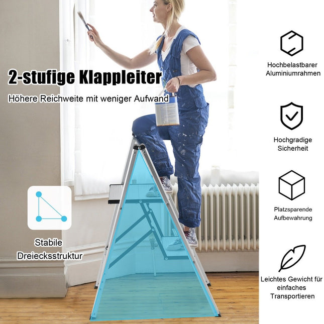Stehleiter 2 Stufen Aluminium Klappleiter bis 150 kg silber