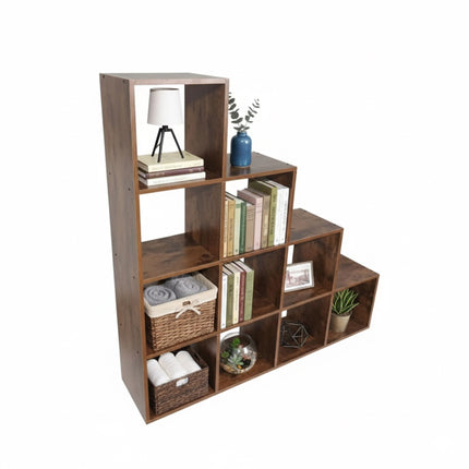 Stepped Bookcase, 10 Compartments, MDF Wood Finish