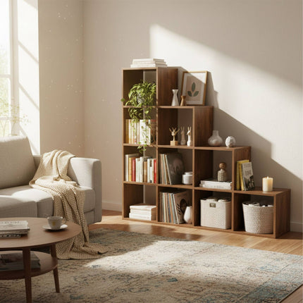 Stepped Bookcase, 10 Compartments, MDF Wood Finish