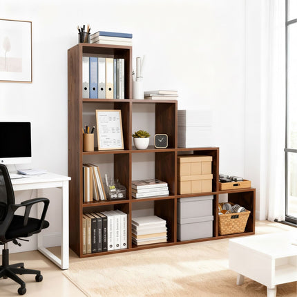 Stepped Bookcase, 10 Compartments, MDF Wood Finish
