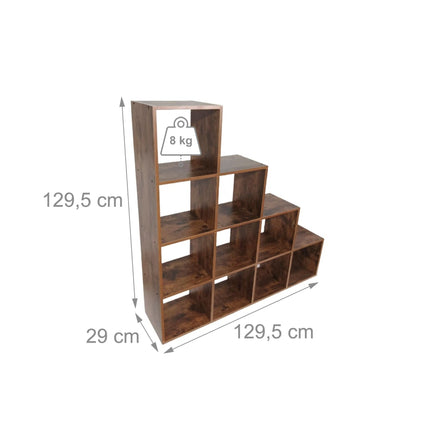 Stepped Bookcase, 10 Compartments, MDF Wood Finish