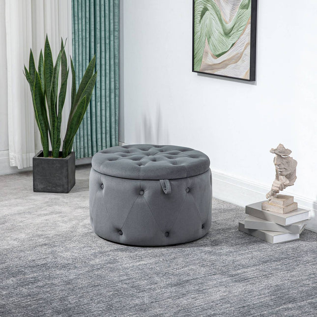 Runder gepolsterter Ottoman mit Stauraum, Samtoptik, grau