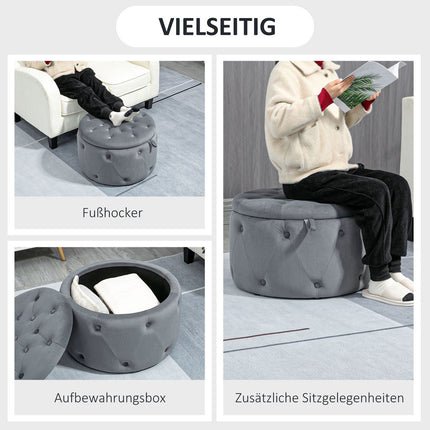 Tabouret avec rangement, coffre de rangement rembourré avec couvercle, pouf rond, coffre aspect velours, gris, Ø 60 x 40 cm