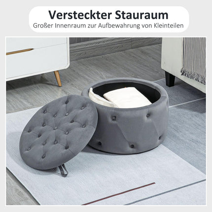Tabouret avec rangement, coffre de rangement rembourré avec couvercle, pouf rond, coffre aspect velours, gris, Ø 60 x 40 cm