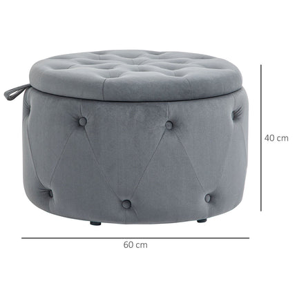 Tabouret avec rangement, coffre de rangement rembourré avec couvercle, pouf rond, coffre aspect velours, gris, Ø 60 x 40 cm